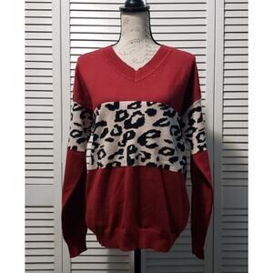 Women's V-Neck Knit Sweater Women's Small Cranberry Leopard Print Long Sleeve